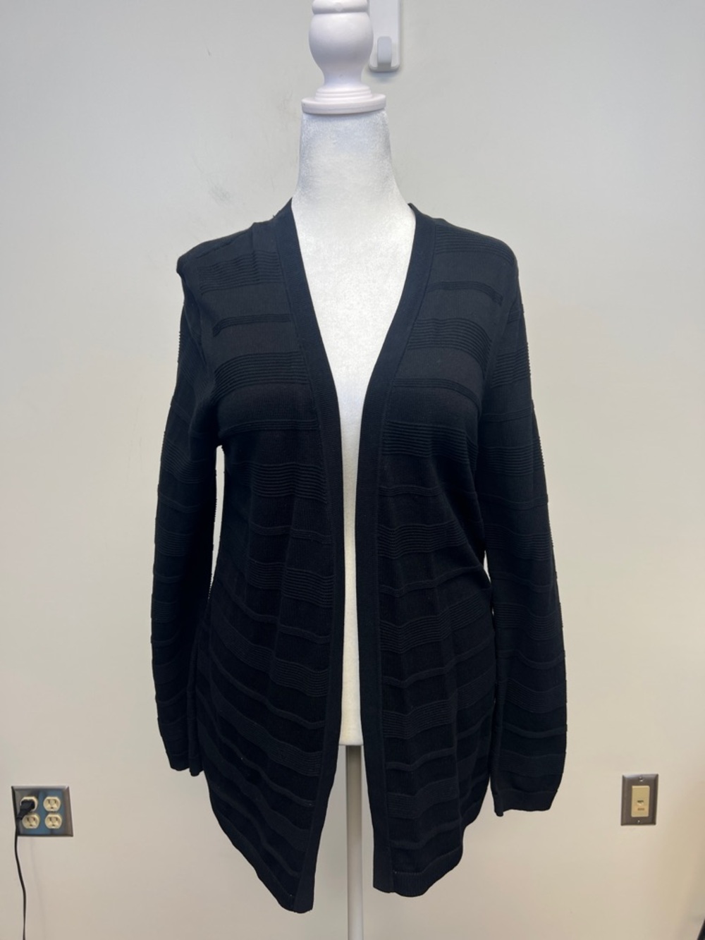 Talbots Long Open front Black Cardigan Sweater w/ Horizontal Ribbing Size Large
